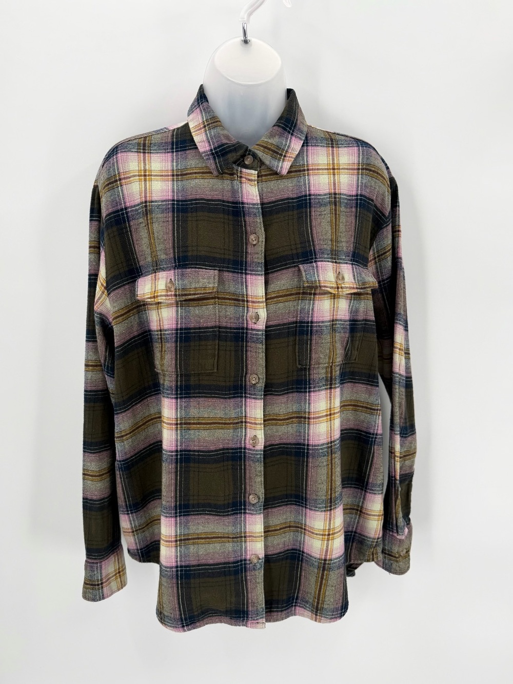 Old Navy Flannel Shirt Women’s M Tall Green Plaid Boyfriend Tunic Button Up Top